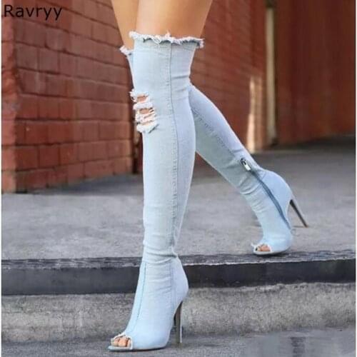 Blue Denim Woman Long Boots Peep toe over-the-knee Boots hole retro style thin heel Autumn Winter Fashion Female dress Shoes