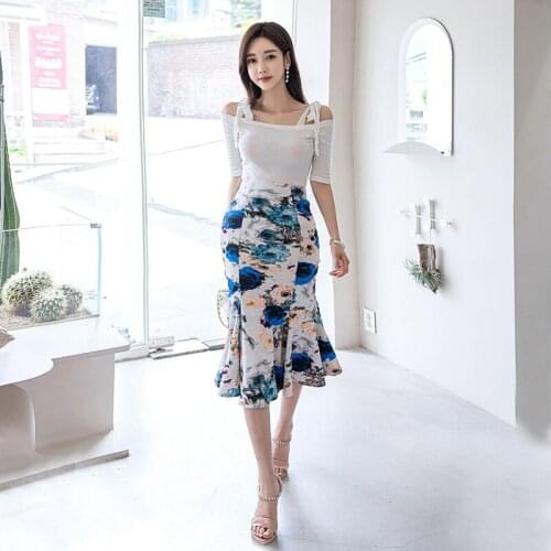 New arrival fashion elegant korean style sets for women summer office lady long skirt and white off shoulder shirt two piece set