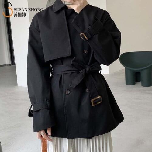 Women Coat Trench Lady Short Outwear 2021 Spring Minimalist Office Straight Turn-Down Collar Double Breasted Cape Buttons Belt