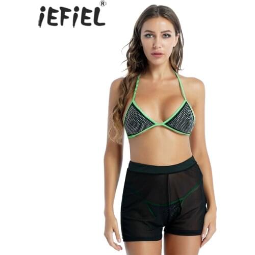 Women Fashion Shiny Rhinestone Lingerie Set Halter Lace-up Bra Tops Stretchy Low Waist Underwear with See-through Mesh Shorts