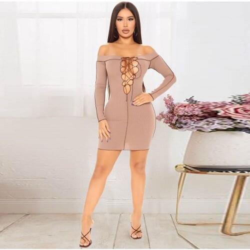 Off The Shoulder Lace Up Hollow Bandage Dress Women Sexy Slash Neck Full Sleeve Skinny Dress Elegant Backless Clubwear Vestido
