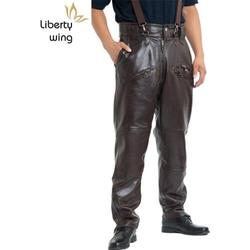 Winter Windproof Mens Cowhide Genuine Warm Cotton Lining Cycling Motorycle Leather Trousers High Waist Loose Pants