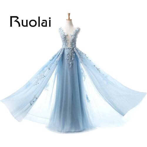2017 Light Blue Tulle Long Evening Dresses Flowers Appliques Scoop Sleeveless A-line Evening Gowns Party Dresses Custom Made
