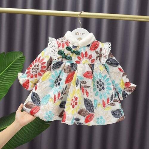 2021 Winter Flower Thicken Children Clothes Baby Girls Patchwork New Years Dress Kids Bow Cotton cloth Dress Girls Outwear MB34