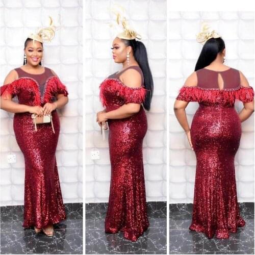 African Sequin Red Dress New South Africa Evening Party Dress Plus Size Women Vestidos Robe Africaine Elegant Ladies Clothes