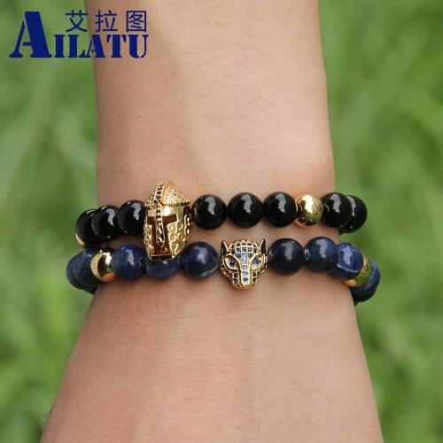 Ailatu 10pcs/lot 8mm Black Onyx Stone Beads with Micro Paved Black Zircons Sparta Masks Helmet Charms Bracelets