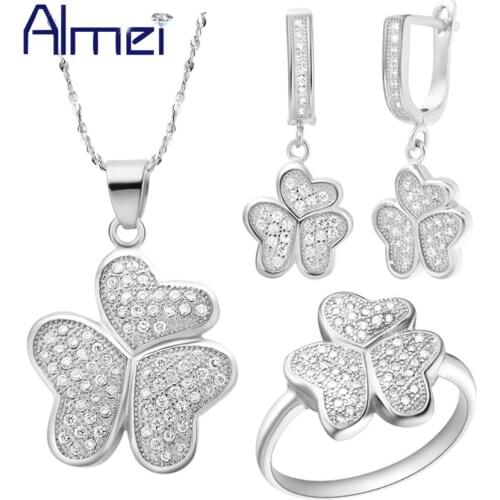 Almei Bridal CZ Zircon Jewelry Sets Charms Silver Fashion Crystal Parure Bijoux Femme Necklace Ring Earring Set Jewellery T103