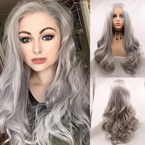 Baicheng Drag Queen Gray Synthetic Lace Front Wigs 24 Inch Long Wavy Grey Lace Wigs with Baby Hair Fashion Side Part Hair Wigs