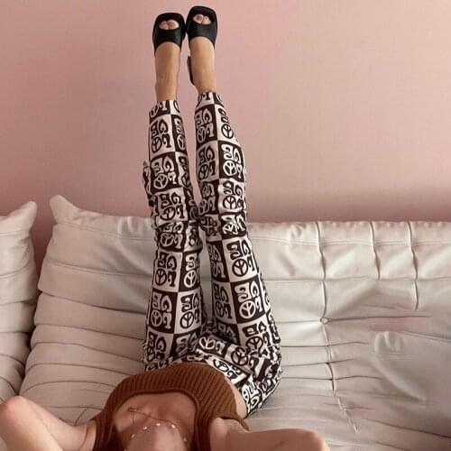 Split Side Flare Pant Women Pattern Print Women Autumn Casual Slim Streetwear High Waist Trousers Fashion Female Pants For Women