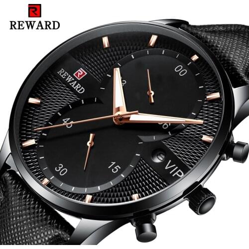 REWARD Black Men Quartz Wrist Watches Leather Band Calendar Display Grid Dial Fashion Watch Stainless Steel Relógio Masculino
