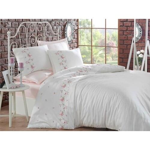 Ruching Rosa Embroideried Cotton Satin Duvet cover set Cream Powder