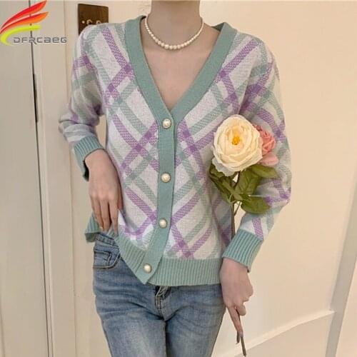 New 2021 Autumn Winter Womens Sweaters V-Neck Geometric Purple Cardigan Women Long Sleeve Top Korean Fashion Knitwear Outwear