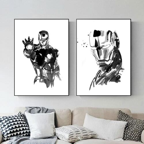Marvel Comics Avengers Superhero Iron Man Wall Art Pictures Fashion Black and White HD Living Room Bedroom Decor Canvas Painting