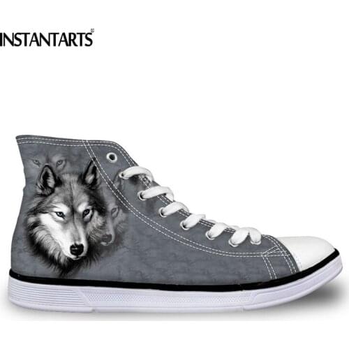 INSTANTARTS Vulcanize Shoes Women Casual High Top Flats Shoes 3D Animal Wolf Print Student Teen Girl Lace-up Casual Canvas Shoes