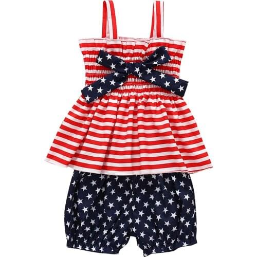 Summer Baby Girls Two Piece Set Fashion Stripe Bow Suspender Tops And Star Print Short Pants European And American 0-24 Months