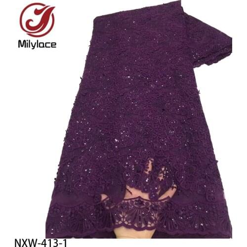 Latest French Tulle Lace Fabric 5 Yards 2021 High Quality Nigerian Sequins Embroidery African Lace Fabric for Party NXW-413