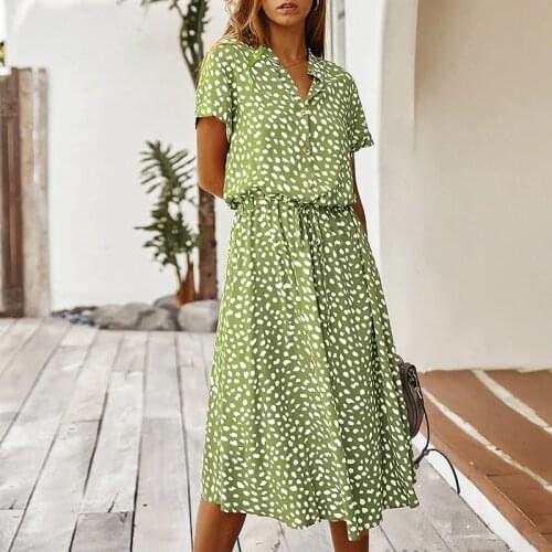 Summer Midi Dress Dresses Boho Dot Print High Waist Shirt Dress Casual Holiday Beach Dresses Short Sleeved Women Chiffon Dress
