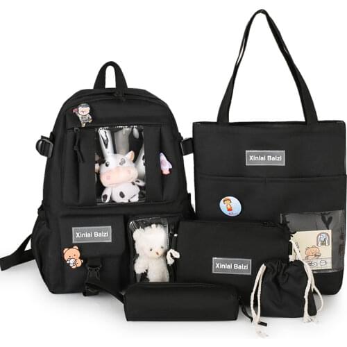 5-piece Fashion Womens Backpack Pure Color Cute Cartoon Student Schoolbag Canvas Large Capacity Lightweight Travel Backpacks