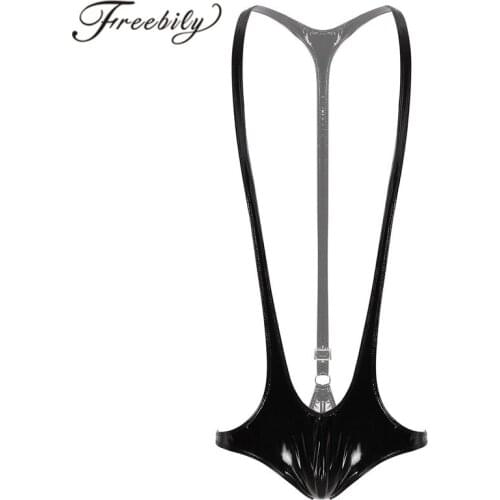 Mens Costumes One-piece Wet Look Patent Leather Open Chest Racer Back Jockstrap Leotard Underwear Wrestling Singlet Bodysuit