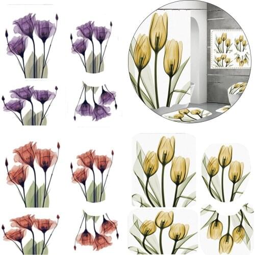 4-piece Set Polyester Floral Waterproof Shower Curtain Bathroom Flower Bath Mat Set Pedestal Rug Lid Toilet Cover Carpet Set