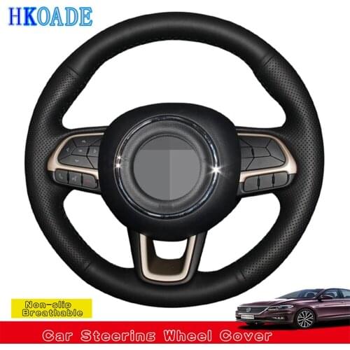 HKOADE Hand-made Black Genuine Leather Car Steering Wheel Covers Wrap For Jeep Renegade 2016-2020 2015 2014 Compass 2017-2020