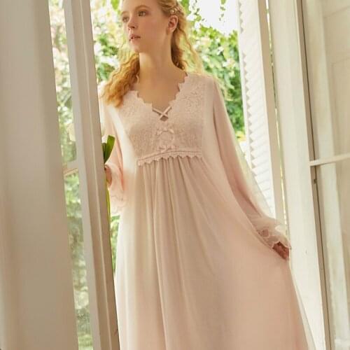 Nightgown Vintage Nightgowns Womens Sleepwear Autumn V-Neck Night Wear Women Sweet Romantic Nightgown