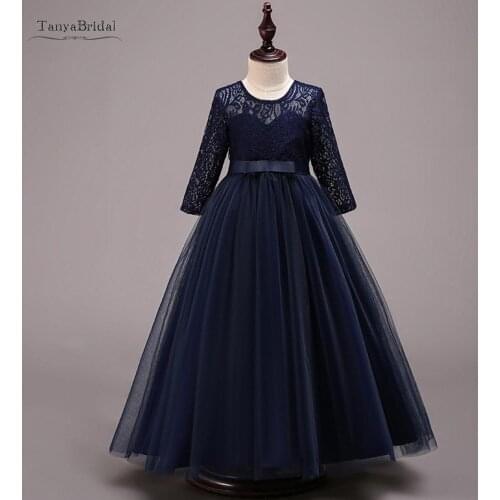 New Arrival Flower Girl Dress High Quality Lace Long Sleeve Kids Gowns First Communion Gowns Navy Blue Dress XF047