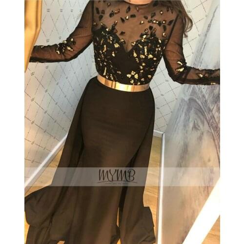 New Arrival Modest Black Evening Gown Occasion Long Sleeve Sparkly Beads Quality Crepe Skirt Muslim Evening Wear Large Plus Size