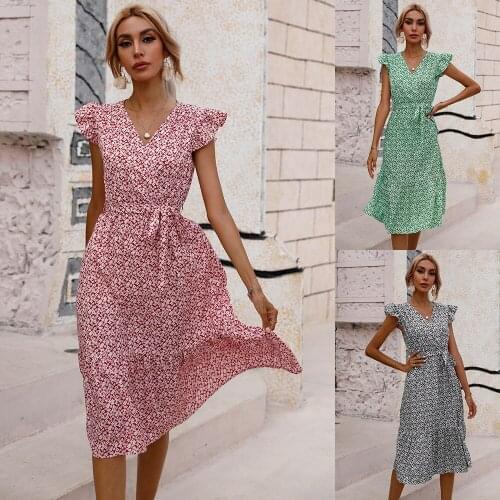 Casual Fashion Floral Print Ruffles Dress Women Summer Elegant V Neck Lace-up Knee-Length Dresses 2021 Woman Boho Beach Dress