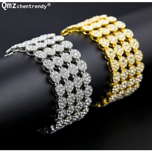 Hip Hop Gold Silver Plated Bling 4 Row Round Circle Cz Iced Out Chain Bangle Bracelet Top quality Men Women Fine Luxury Jewelry