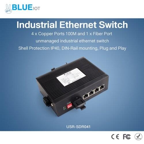 4 Port Industrial Network Switch Ethernet Port Expansion 10/100Mbps Rate Fiber Port Advanced Protection DIN-Rail