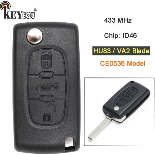KEYECU CE0536 Model 433MHz ID46/ PCF7961 Chip HU83/ VA2 Blade Remote Key Fob 3 Button for Peugeot 207 208 307 308 408 Partner
