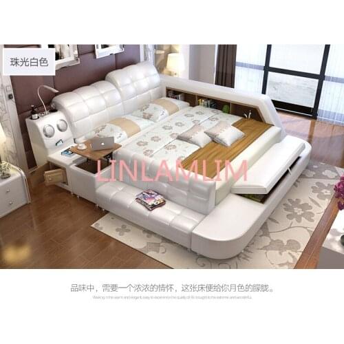 Genuine leather bed frame with storage and safe Modern Soft Beds Home Bedroom Furniture cama muebles de dormitorio camas quarto