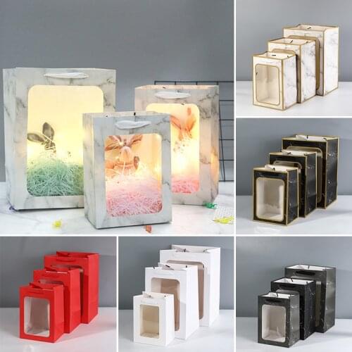 S/M/L Flower Gift Paper Boxes Window Transparant Square Shape Portable Gift Boxes Flower Packing Boxes Flower Bags With Handle