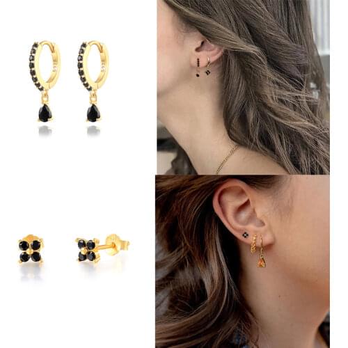 Luxury Bling Black Zircon 100% 925 Sterling Silver Hanging Hoop Earrings For Woman Engagement Party Gift Charm Fine Jewelry