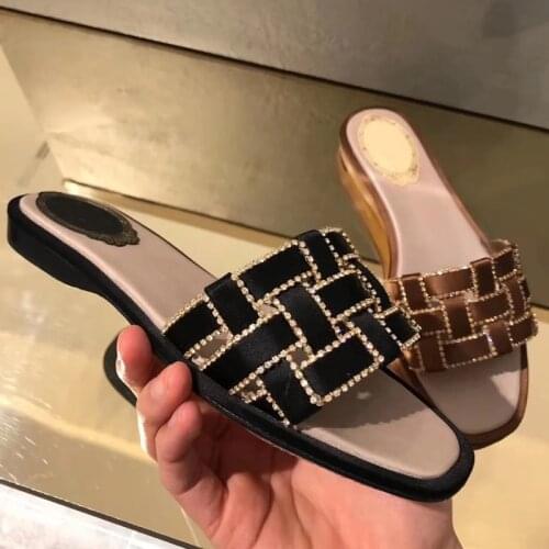 Womens shoes square head rhinestone braided belt slippers crystal fashion flat sandals flip flops diamond slippers