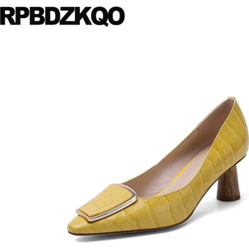 Chunky Pointed Toe Genuine Leather Snake Pumps Block Heels Shoes For Women Snakeskin Medium Size 33 High Yellow Trending Metal