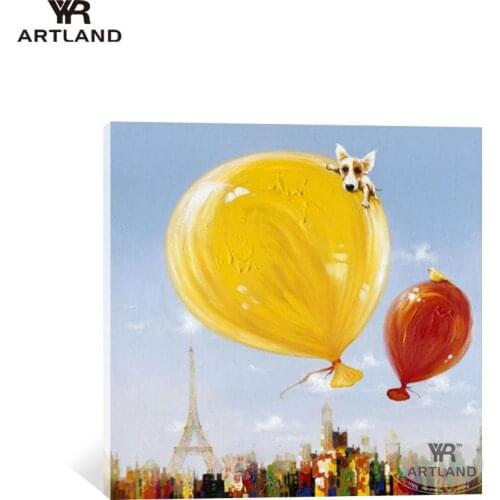 Unique gift Handmade abstract oil painting on canvas Dog on the balloon wall art picture for living room childrens room unframe