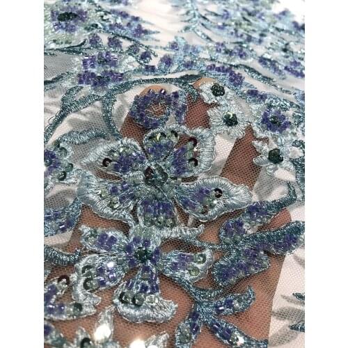 High Grade Blue Nigerian Indian Saree Guipure Embroidery Fabrics French Floral Tulle Mesh Handmade Beaded Lace Fabric for Dress
