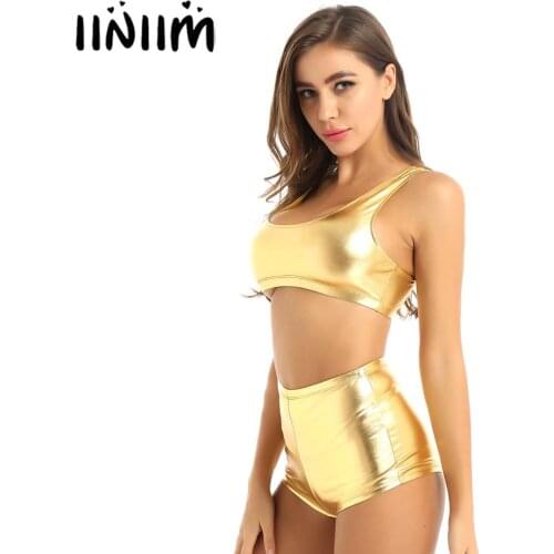 Women Pole Dance Clothing Burning Latex homme Shorts Racer Back Crop Top Shiny Rave Festival Outfit Party Sexy Punk Costumes