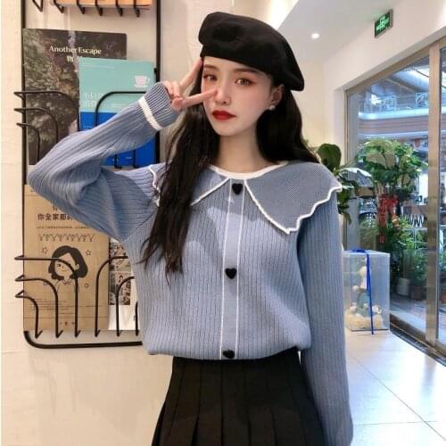 Spring And Autumn New Peter Pan Collar Long Sleeve Knitted Shirt Pullover Sweater For Women
