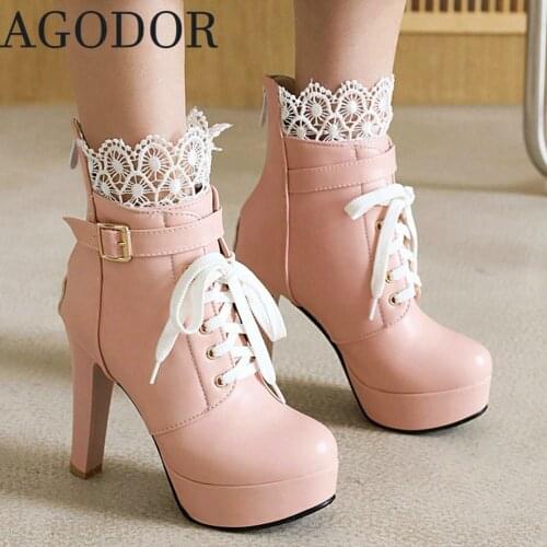 AGODOR Heeled Lace Up Ankle Boots for Women Lolita Shoes Platform Thick High Heel Booties Woman Shoes High Heels Sexy Boots