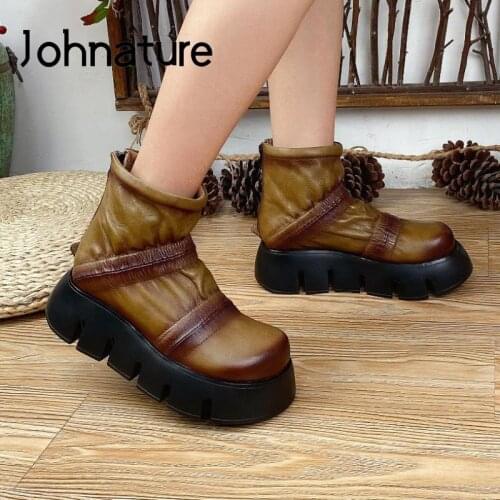 Johnature Platform Boots Women Shoes Genuine Leather 2021 New Autumn Winter Retro Zip Handmade Sewing Concise Ladies Boots