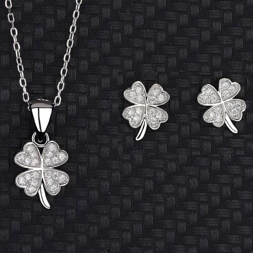 S925 Sterling Silver Four-leaf Clover Necklace Female Two-piece Set Of Earrings Collarbone Chain Lucky Grass Simple Fashion