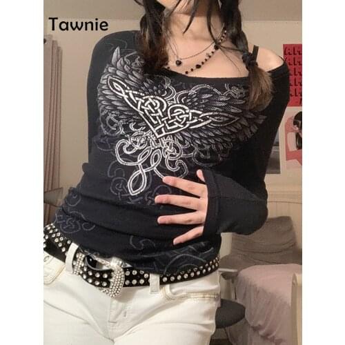 Gitana Autumn Y2K Printed Long Sleeve T Shirt Women Casual O Neck Harajuku Crop Top Female Clothing Fairy Grunge Tee Shirt