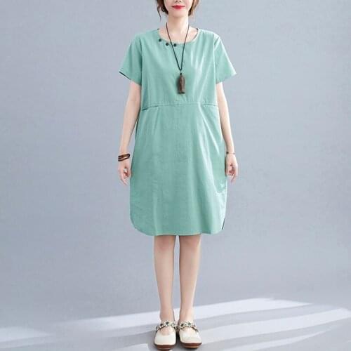 Women Cotton Linen Casual Dress New Arrival 2021 Summer Simple Style O-neck Solid Color Loose Female Knee-length Dresses S3910