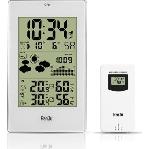 FanJu Indoor Outdoor Thermometer Hygrometer Barometer Wireless Weather Station Alarm Clock Weather Forecaster Station