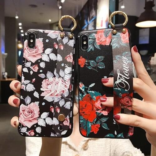 Flowers Wrist Strap Holder Phone Case For iPhone 12Pro 11 X XR XS Max 7 8 Plus bracket cover For Samsung S20Ultra S10 soft coque