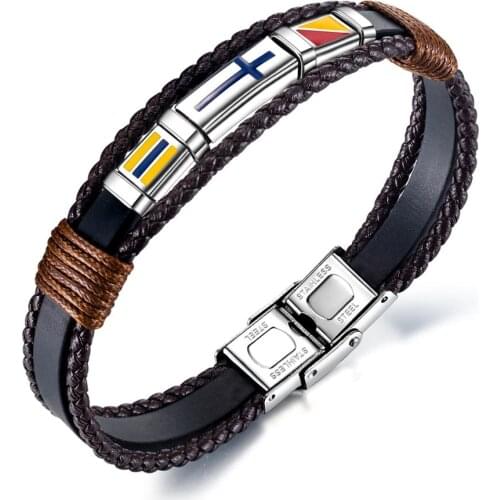 Black Braided multilayer leather bracelet men punk cross jewellery accessories retro Stainless steel buckle bileklik erkek