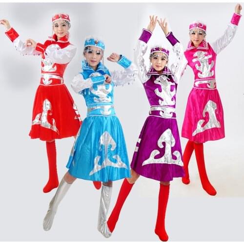 Child Mongolian Costume for Stage Dance Women Chinese Ethnic Mongolia Dance Dress Lady Chinese Minority Clothing Apparel 89